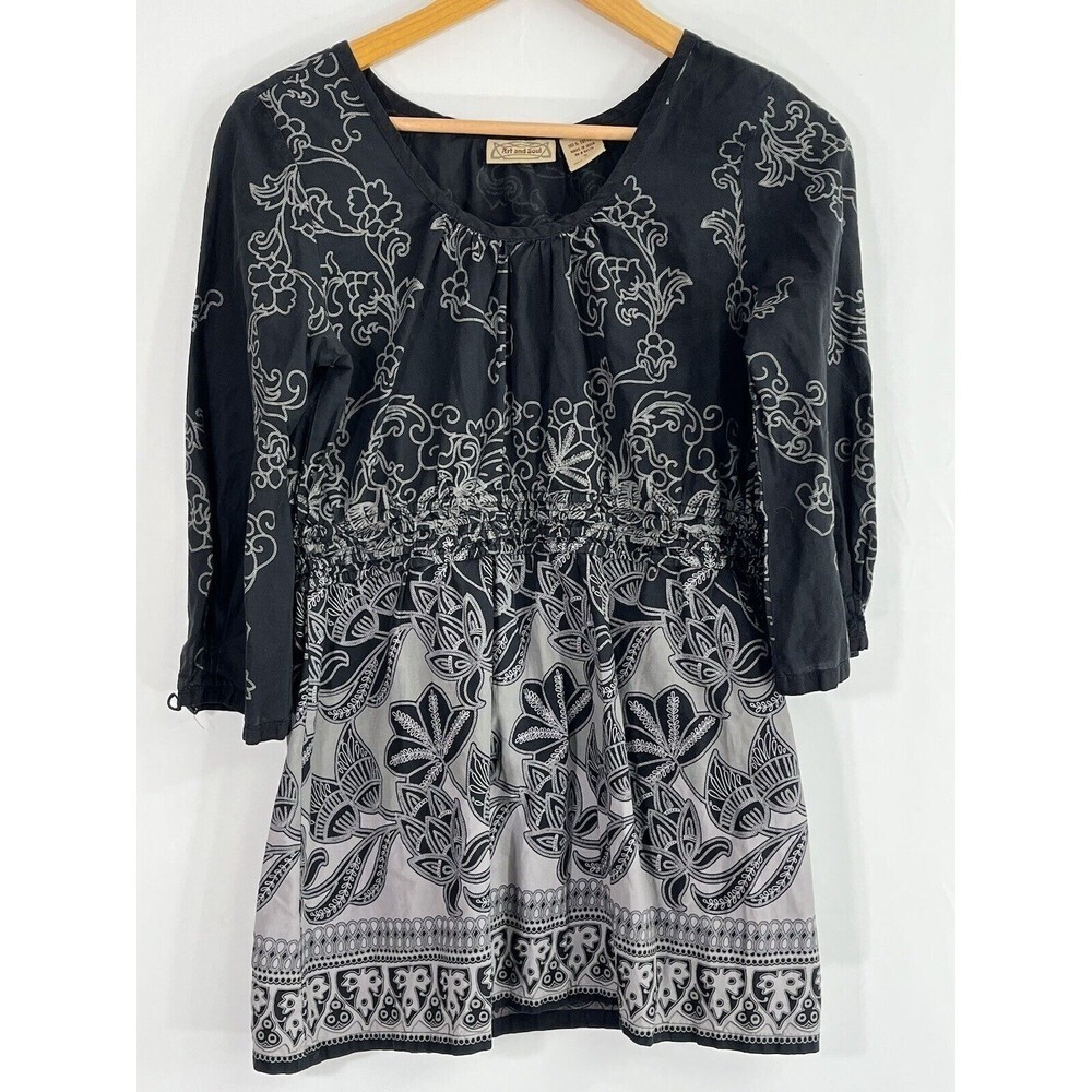 Art and‎ Soul Blouse Women's S Small 3/4 Sleeve Black Boho 100% Cotton